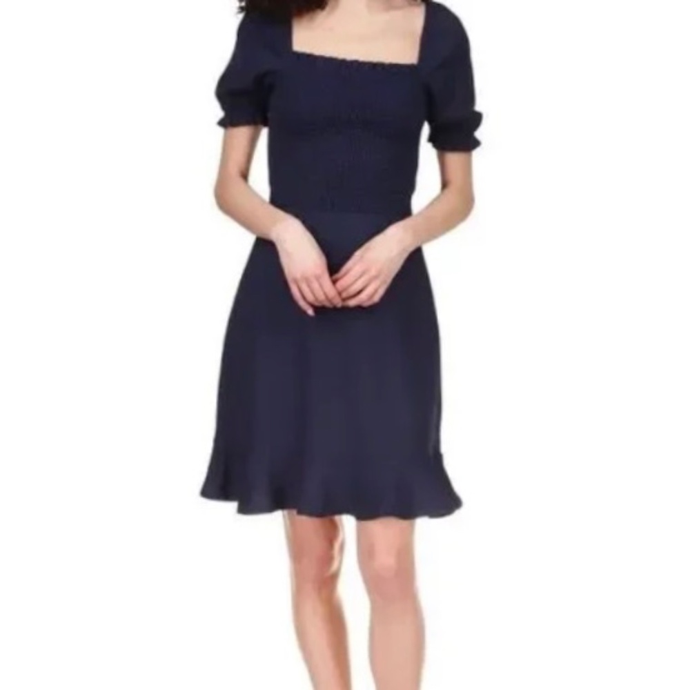 Michael Kors Navy Blue Smocked Short Sleeve Bodice Puff Sleeve Dress Size XS